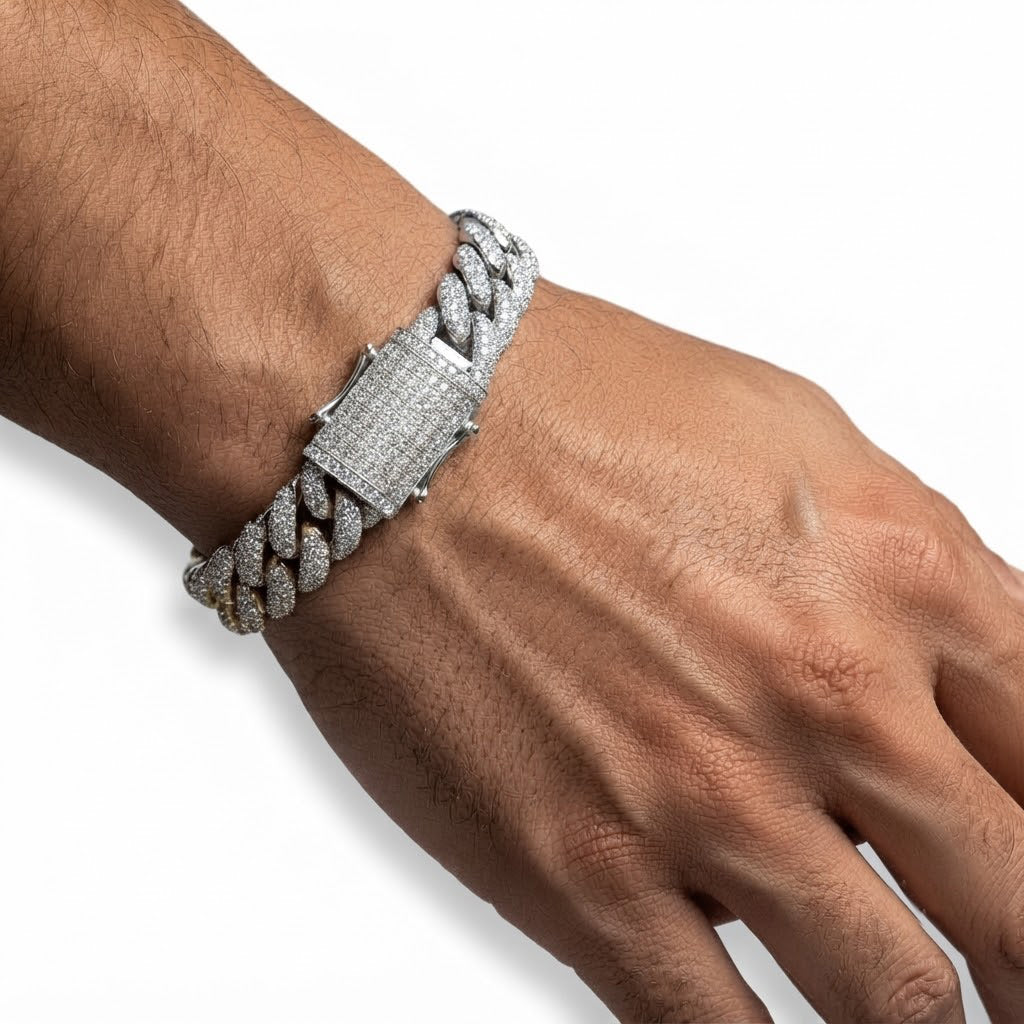 10mm Full Pave Moissanite Cuban Link Bracelet with Box Clasp