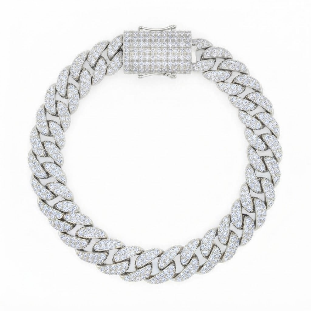 10mm Full Pave Moissanite Cuban Link Bracelet with Box Clasp