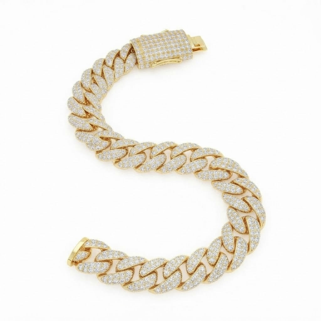 10mm Full Pave Moissanite Cuban Link Bracelet with Box Clasp
