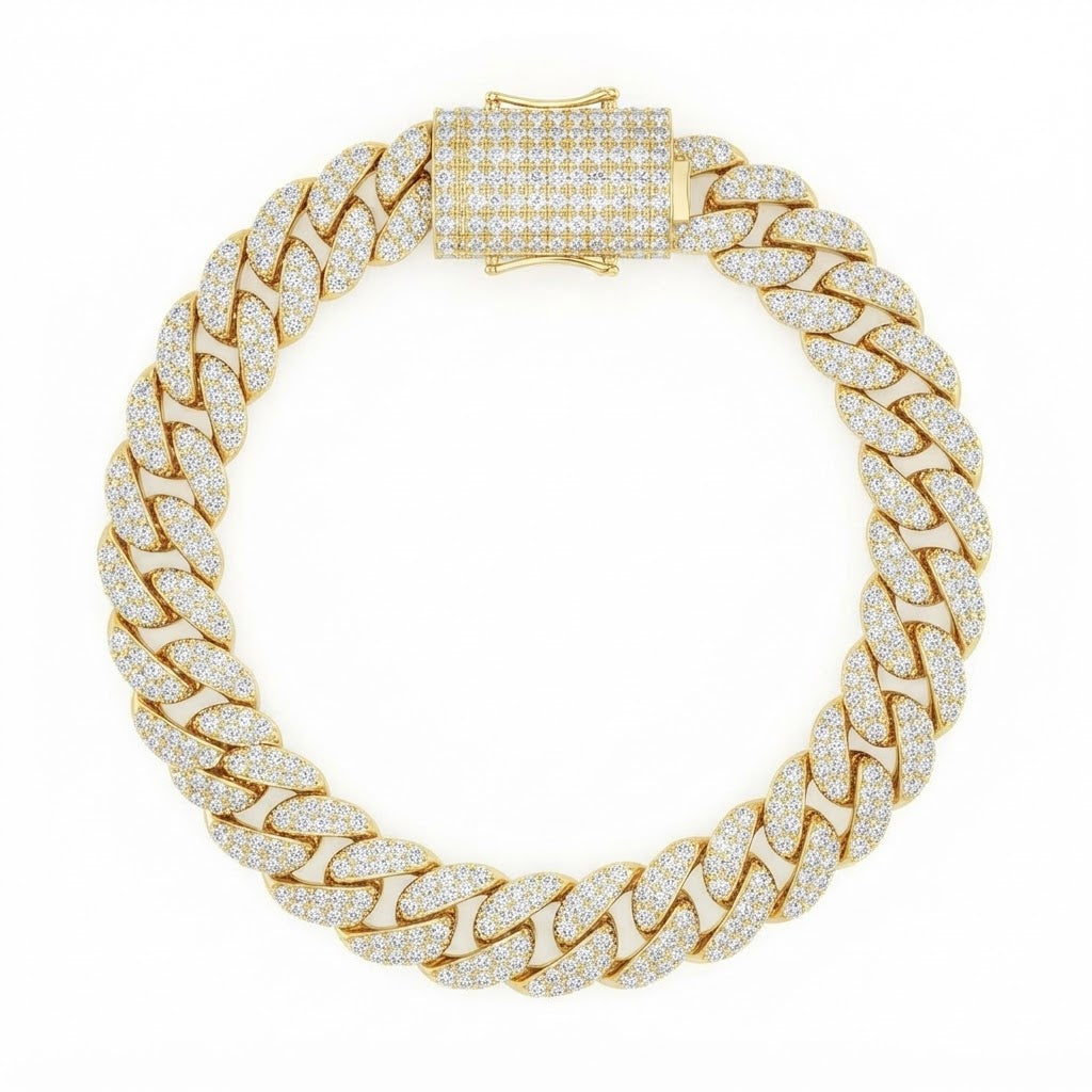 10mm Full Pave Moissanite Cuban Link Bracelet with Box Clasp