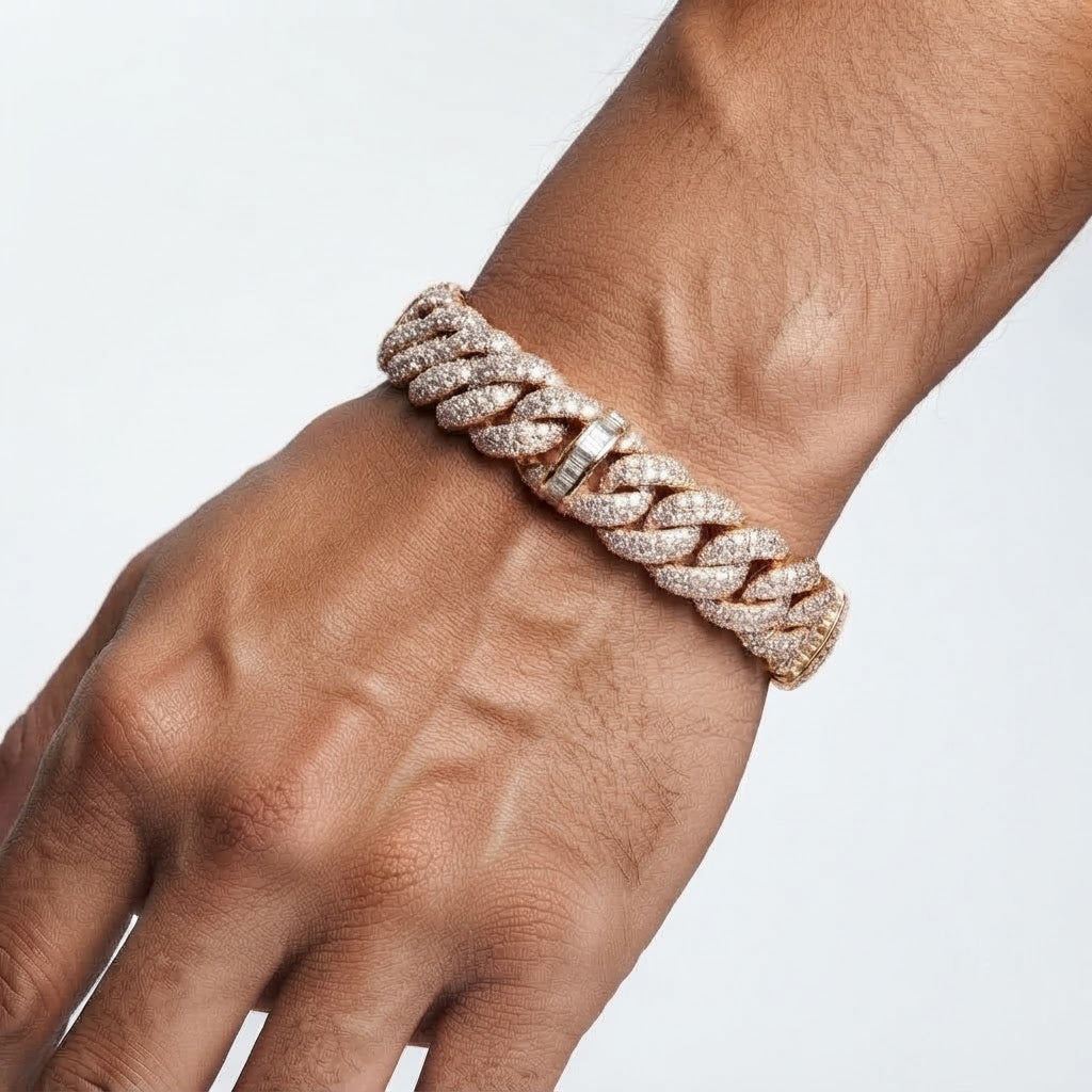 10mm Full Pave Moissanite Cuban Bracelet with Baguette Accents & Box Clasp