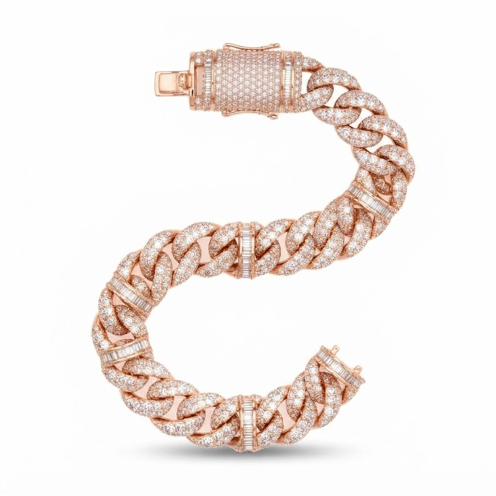 10mm Full Pave Moissanite Cuban Bracelet with Baguette Accents & Box Clasp