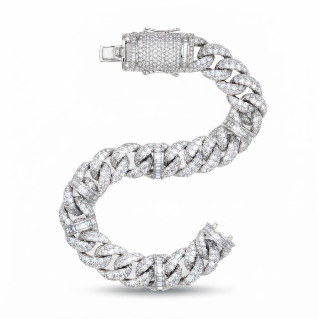 10mm Full Pave Moissanite Cuban Bracelet with Baguette Accents & Box Clasp