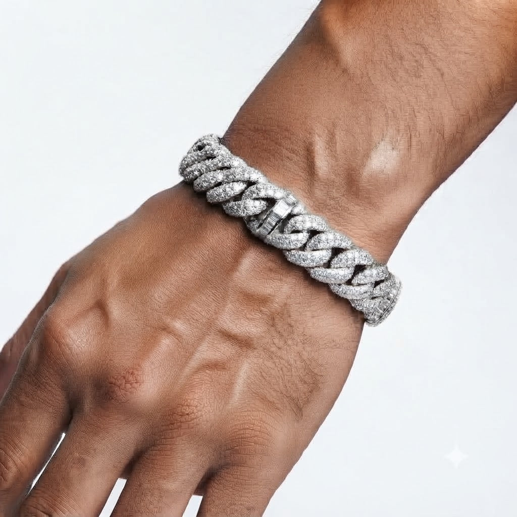 10mm Full Pave Moissanite Cuban Bracelet with Baguette Accents & Box Clasp