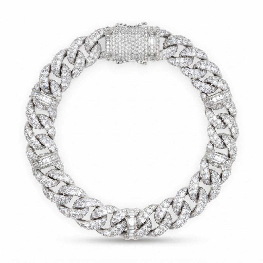10mm Full Pave Moissanite Cuban Bracelet with Baguette Accents & Box Clasp