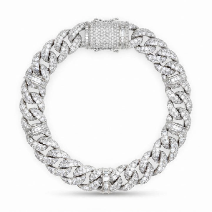 10mm Full Pave Moissanite Cuban Bracelet with Baguette Accents & Box Clasp