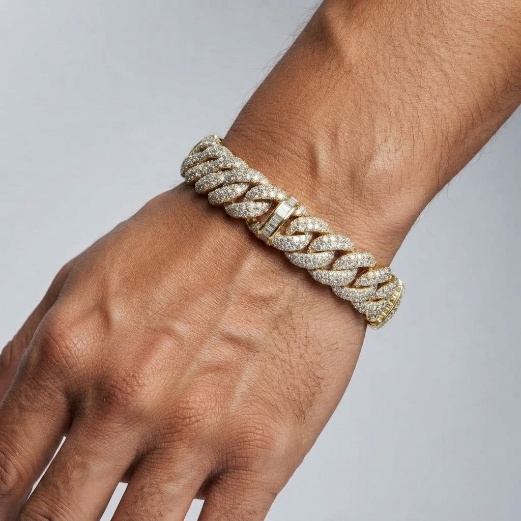 10mm Full Pave Moissanite Cuban Bracelet with Baguette Accents & Box Clasp