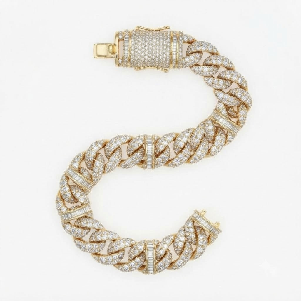 10mm Full Pave Moissanite Cuban Bracelet with Baguette Accents & Box Clasp