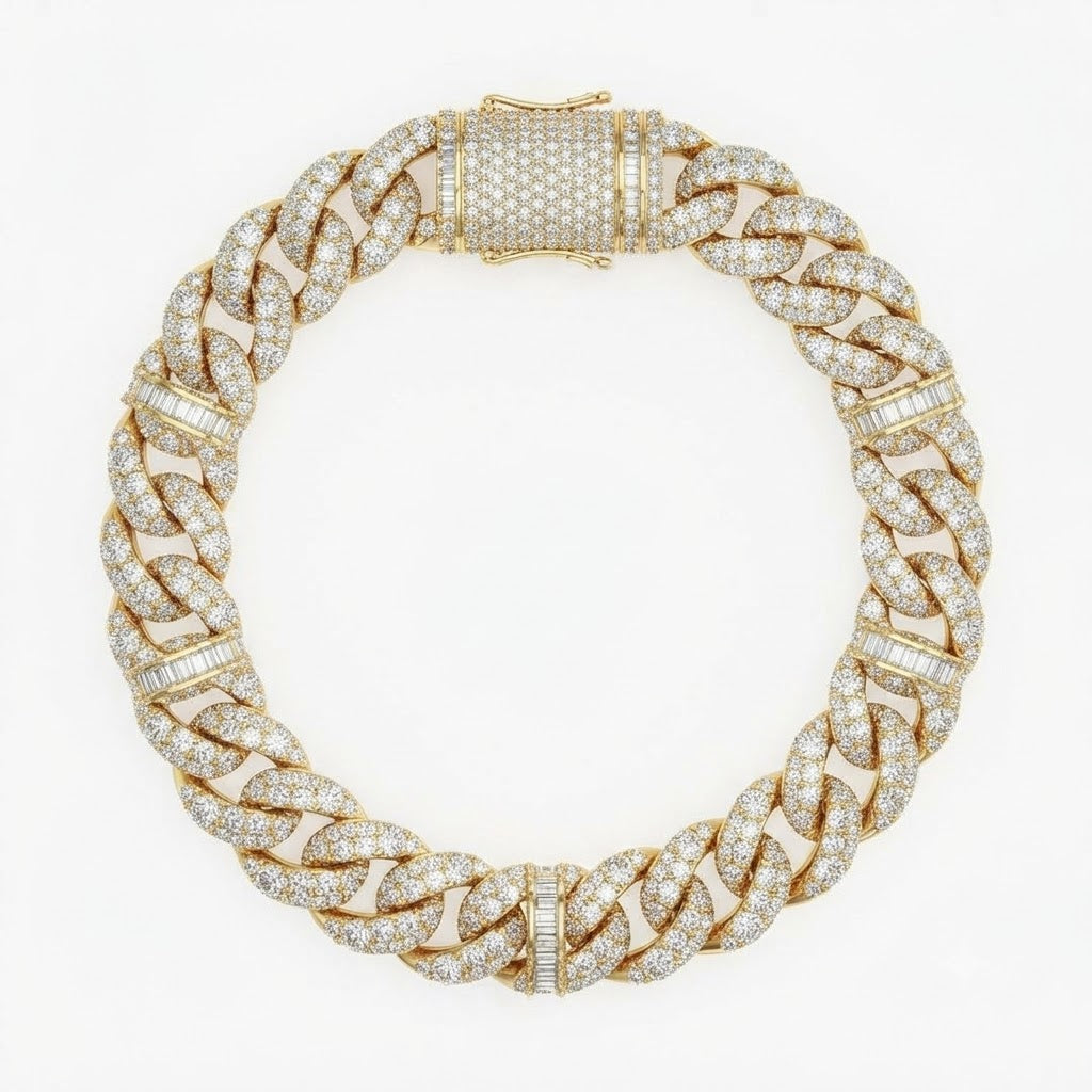 10mm Full Pave Moissanite Cuban Bracelet with Baguette Accents & Box Clasp
