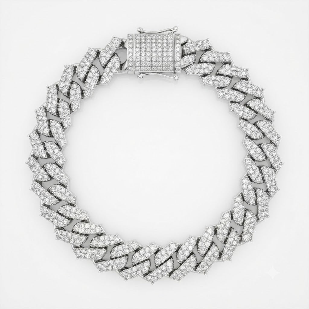 12mm Full Pave Moissanite Cuban Link Bracelet with Pave Box Clasp
