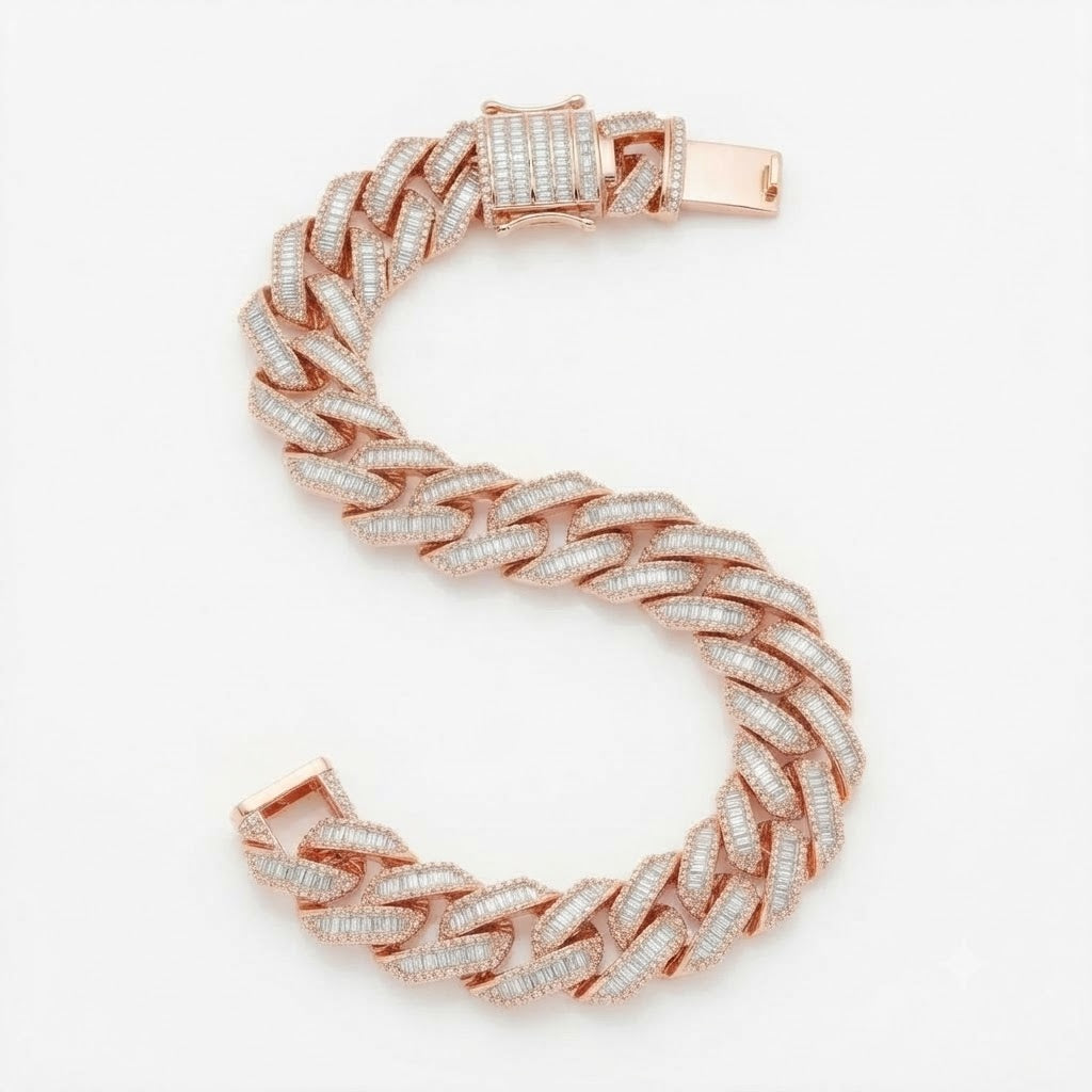 13mm Moissanite Baguette Diamond Cuban Link Bracelet with Pave Setting