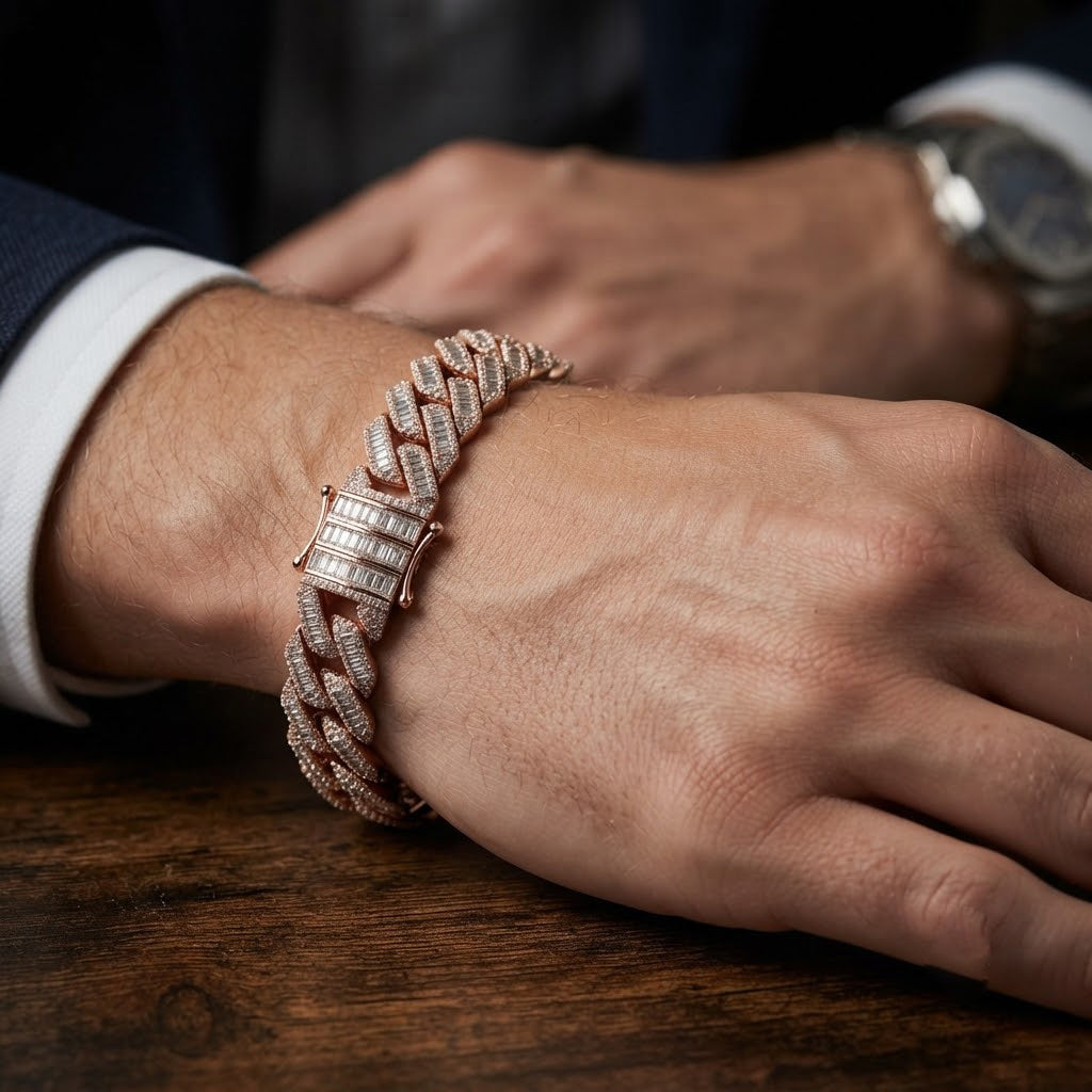 13mm Moissanite Baguette Diamond Cuban Link Bracelet with Pave Setting