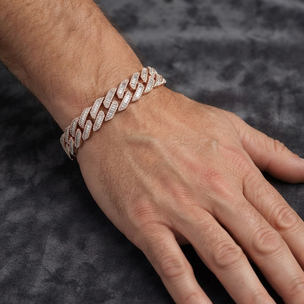 13mm Moissanite Baguette Diamond Cuban Link Bracelet with Pave Setting