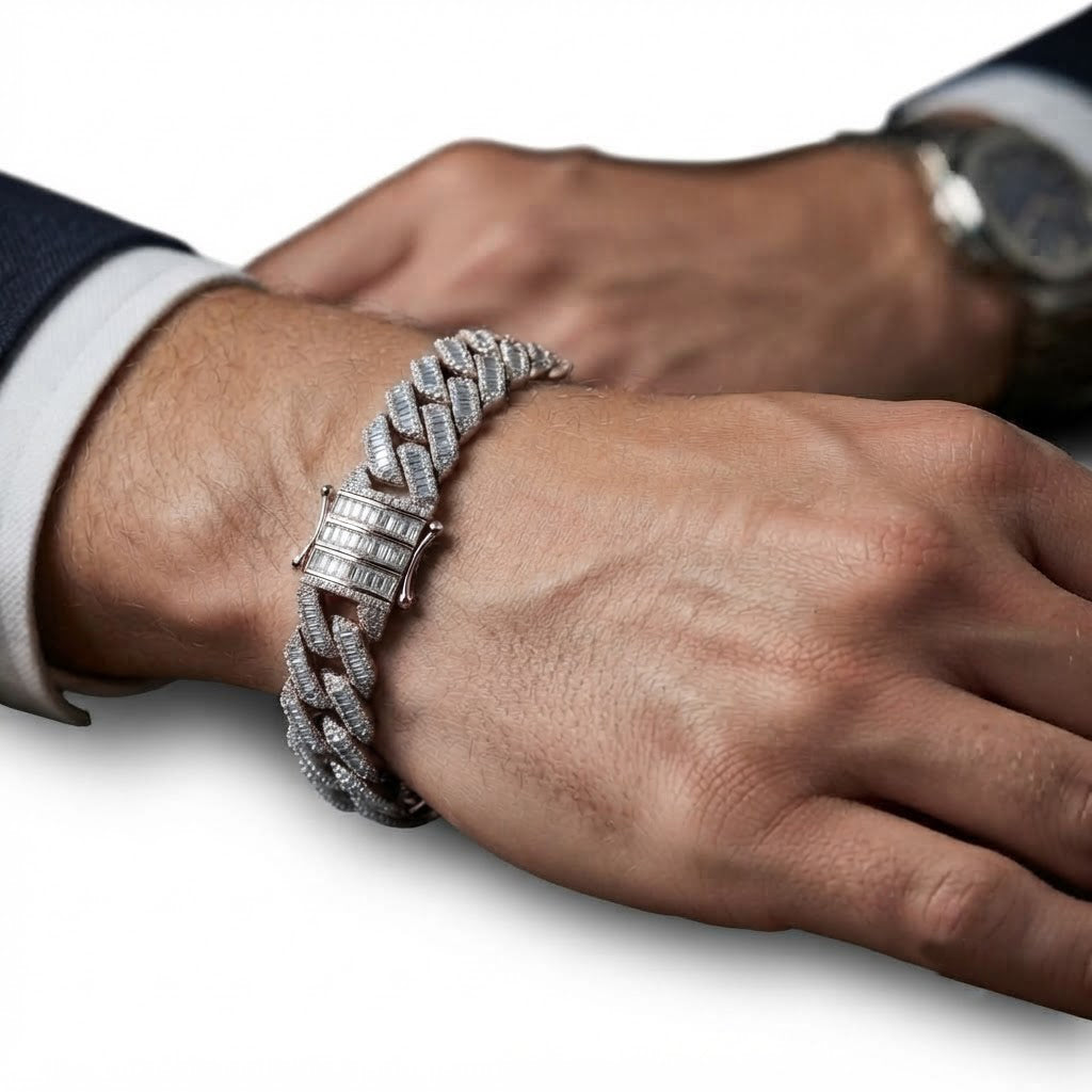 13mm Moissanite Baguette Diamond Cuban Link Bracelet with Pave Setting