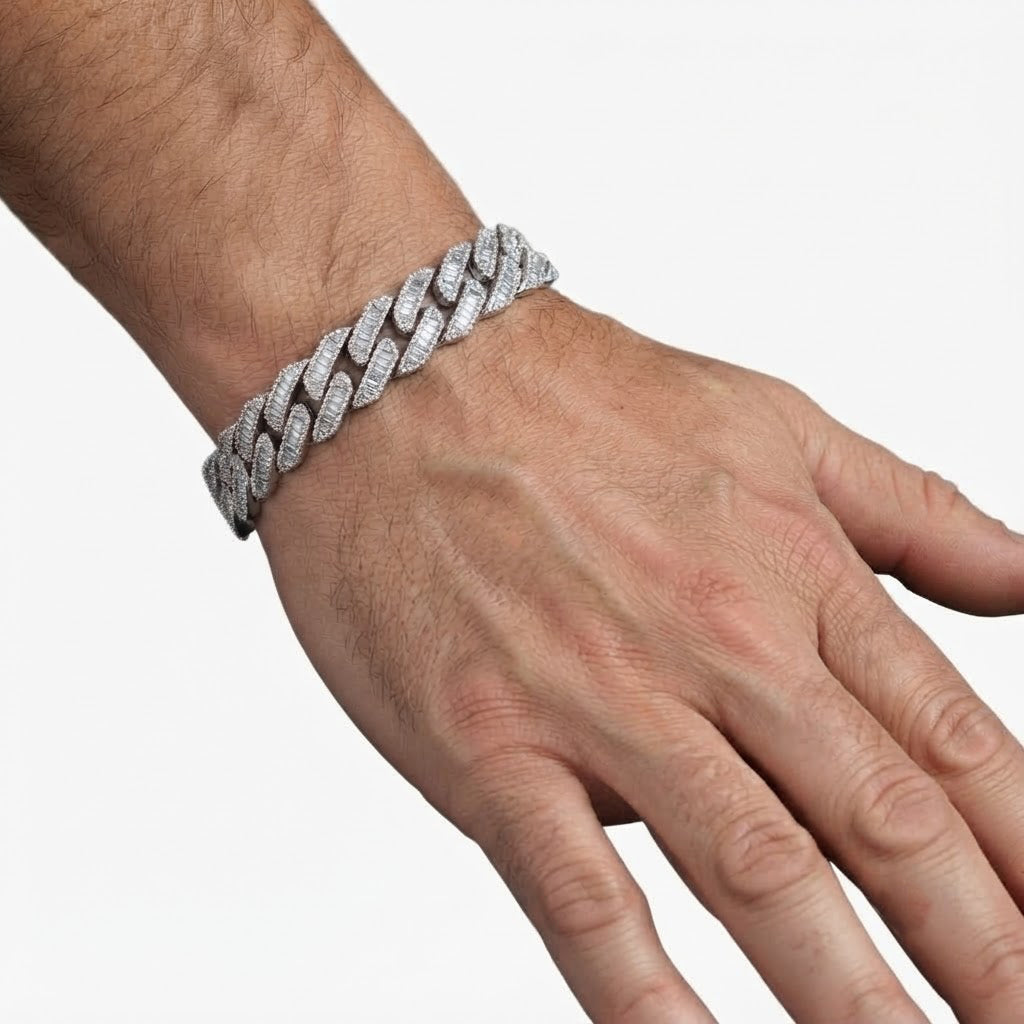 13mm Moissanite Baguette Diamond Cuban Link Bracelet with Pave Setting