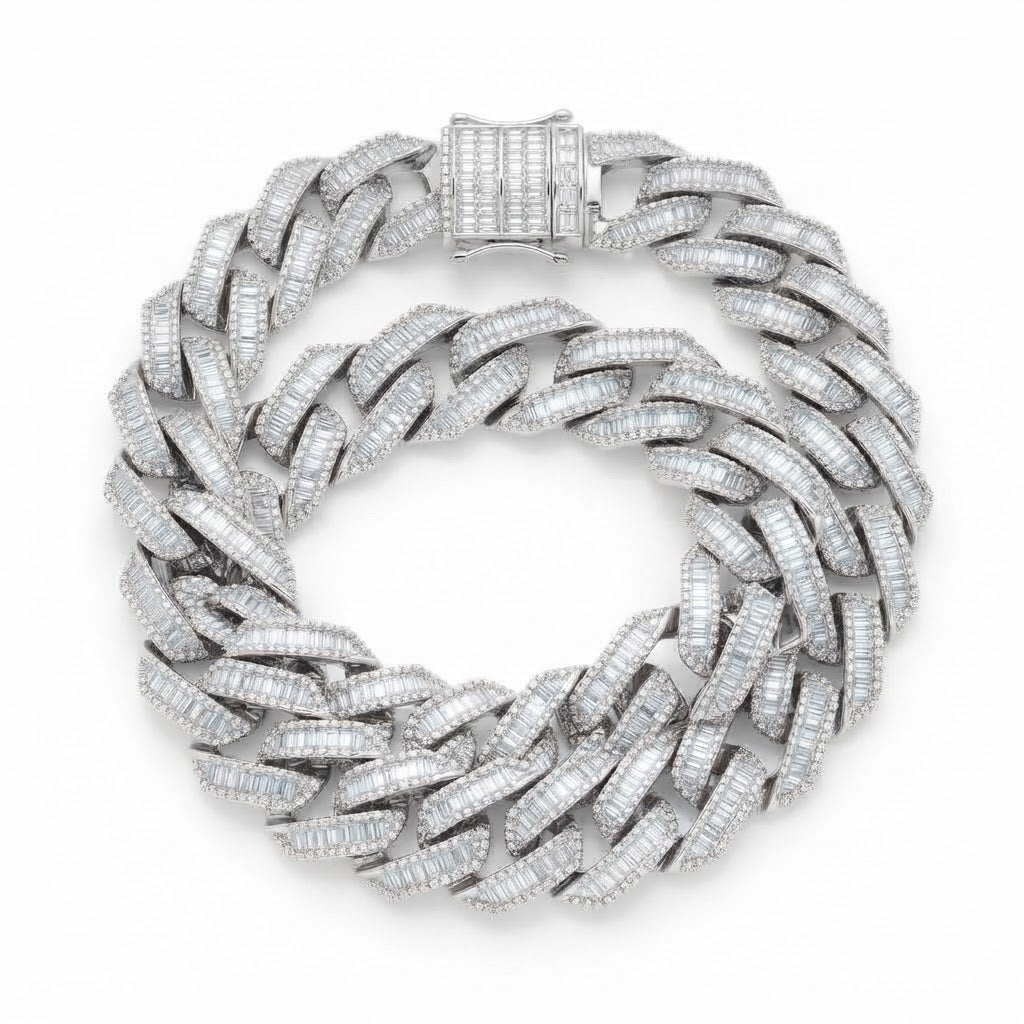 13mm Moissanite Baguette Diamond Cuban Link Bracelet with Pave Setting