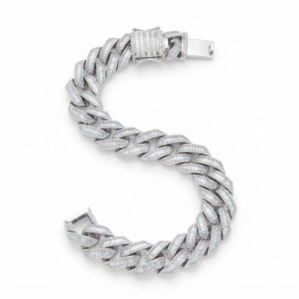 13mm Moissanite Baguette Diamond Cuban Link Bracelet with Pave Setting