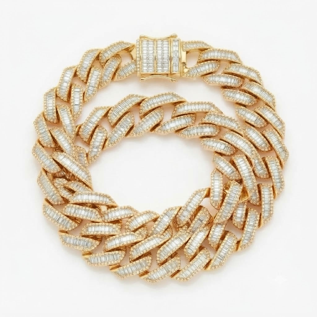 13mm Moissanite Baguette Diamond Cuban Link Bracelet with Pave Setting