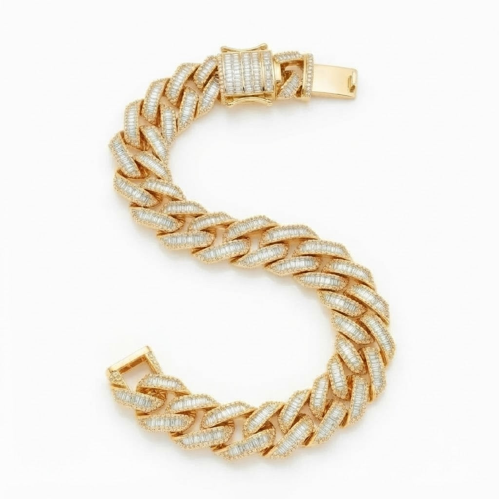 13mm Moissanite Baguette Diamond Cuban Link Bracelet with Pave Setting