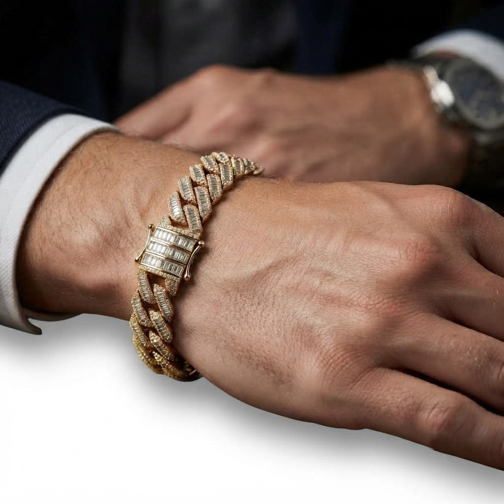 13mm Moissanite Baguette Diamond Cuban Link Bracelet with Pave Setting