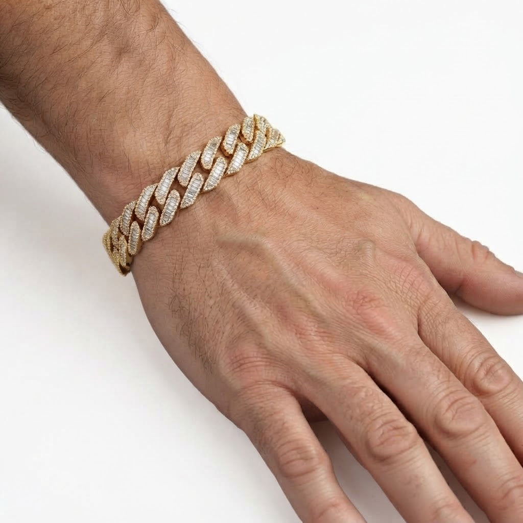 13mm Moissanite Baguette Diamond Cuban Link Bracelet with Pave Setting