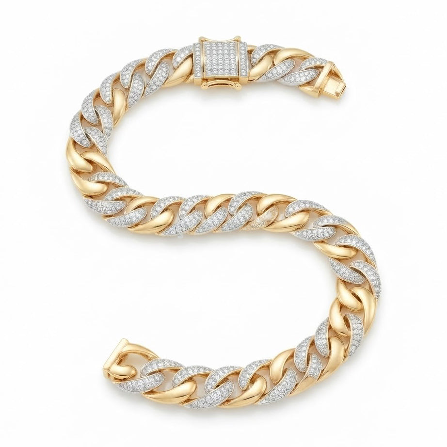 13mm Moissanite Alternating Pave Setting Cuban Link Bracelet