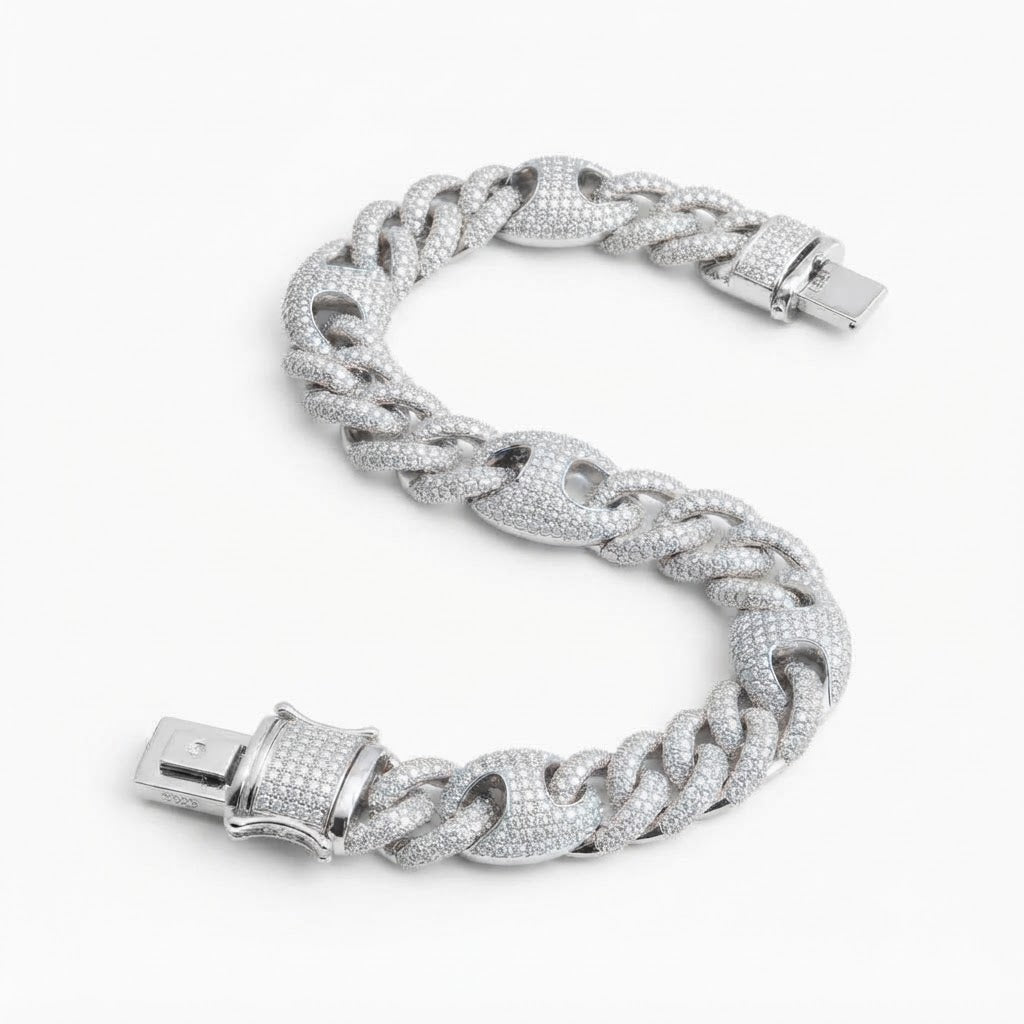 14mm Moissanite Pave Cuban Bracelet with Statement Links & Box Clasp