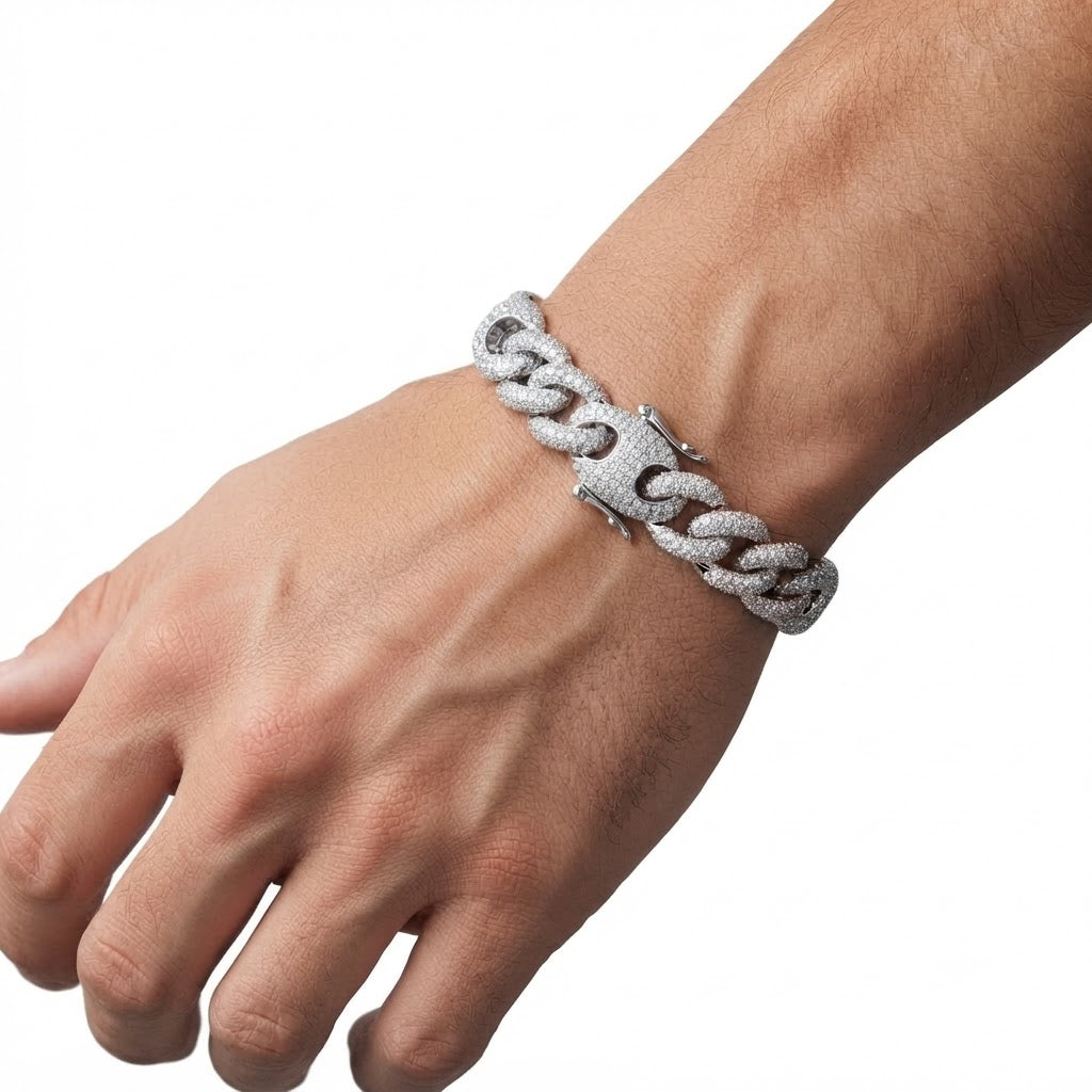 14mm Moissanite Pave Cuban Bracelet with Statement Links & Box Clasp