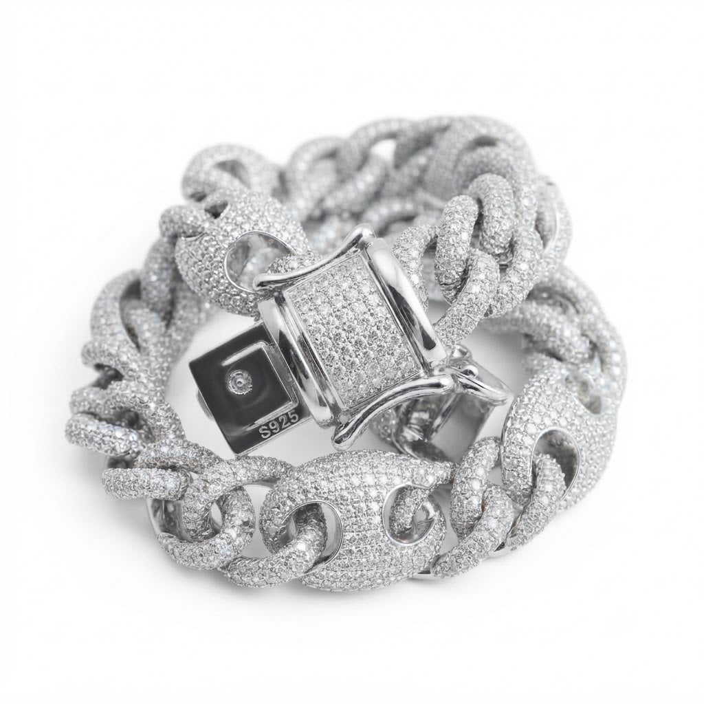 14mm Moissanite Pave Cuban Bracelet with Statement Links & Box Clasp
