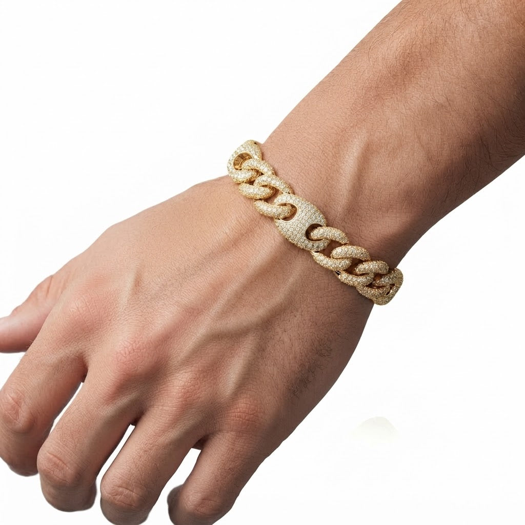 14mm Moissanite Pave Cuban Bracelet with Statement Links & Box Clasp