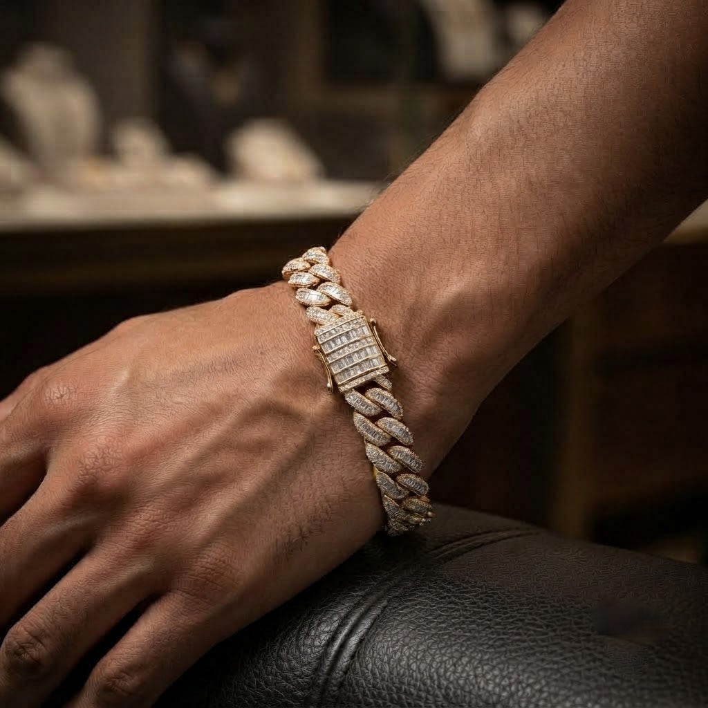14mm Pave Moissanite Baguette Diamond Miami Cuban Link Bracelet