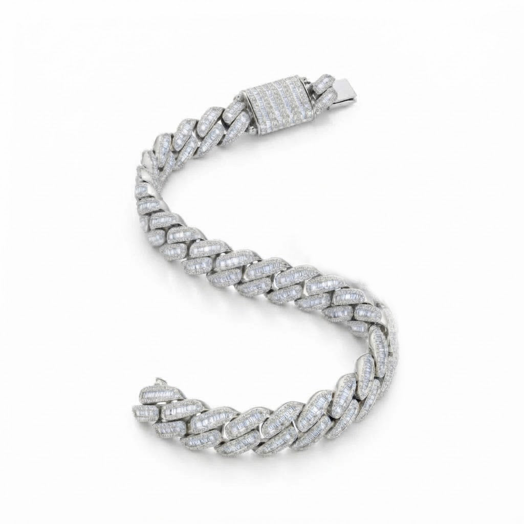 14mm Pave Moissanite Baguette Diamond Miami Cuban Link Bracelet