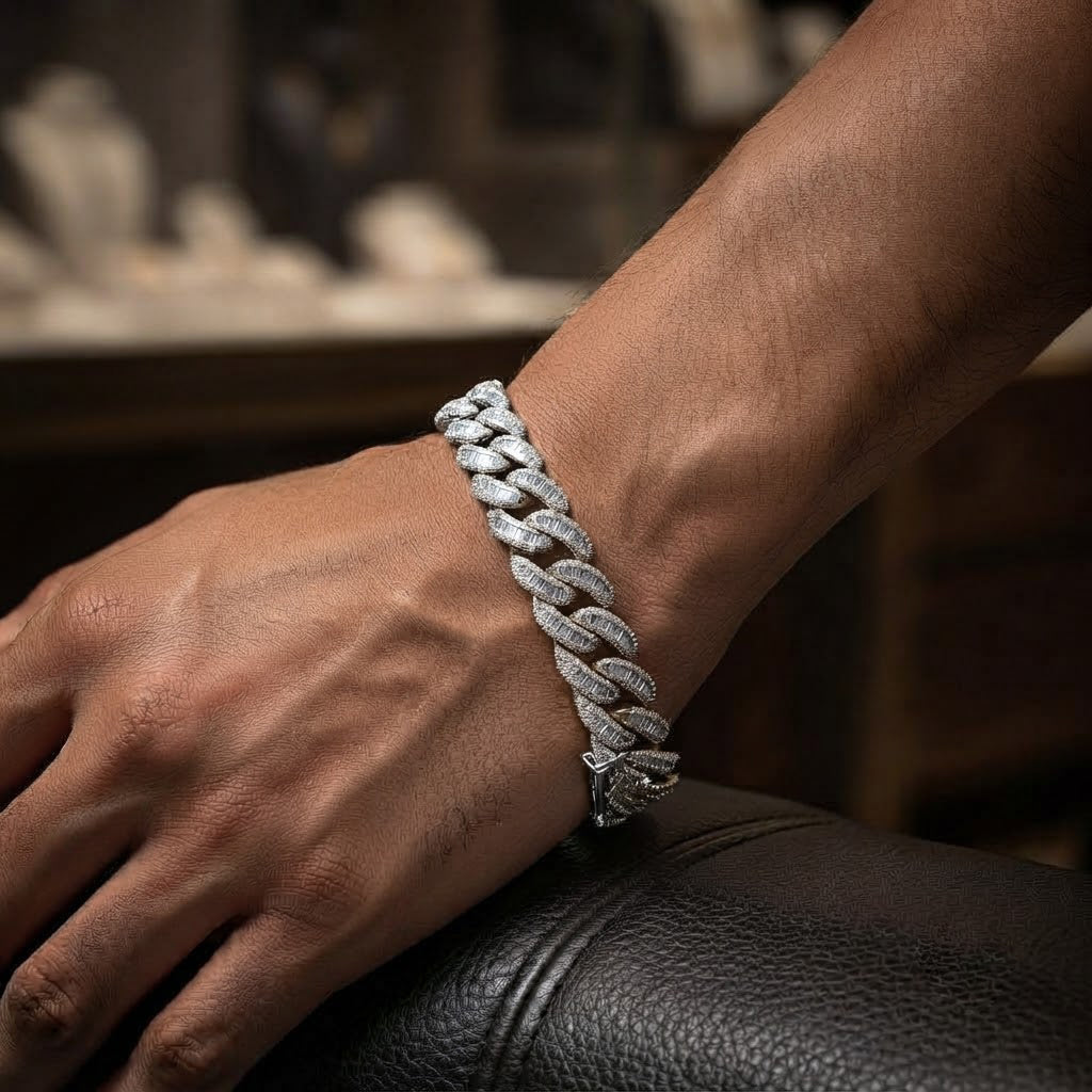 14mm Pave Moissanite Baguette Diamond Miami Cuban Link Bracelet