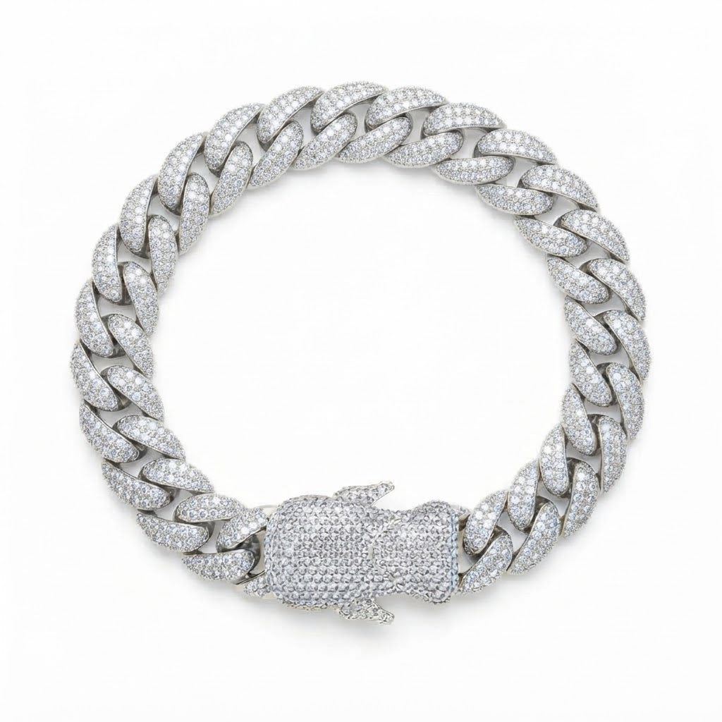18MM Moissanite Pave Cuban Link Bracelet with Iced-Out Bear Clasp