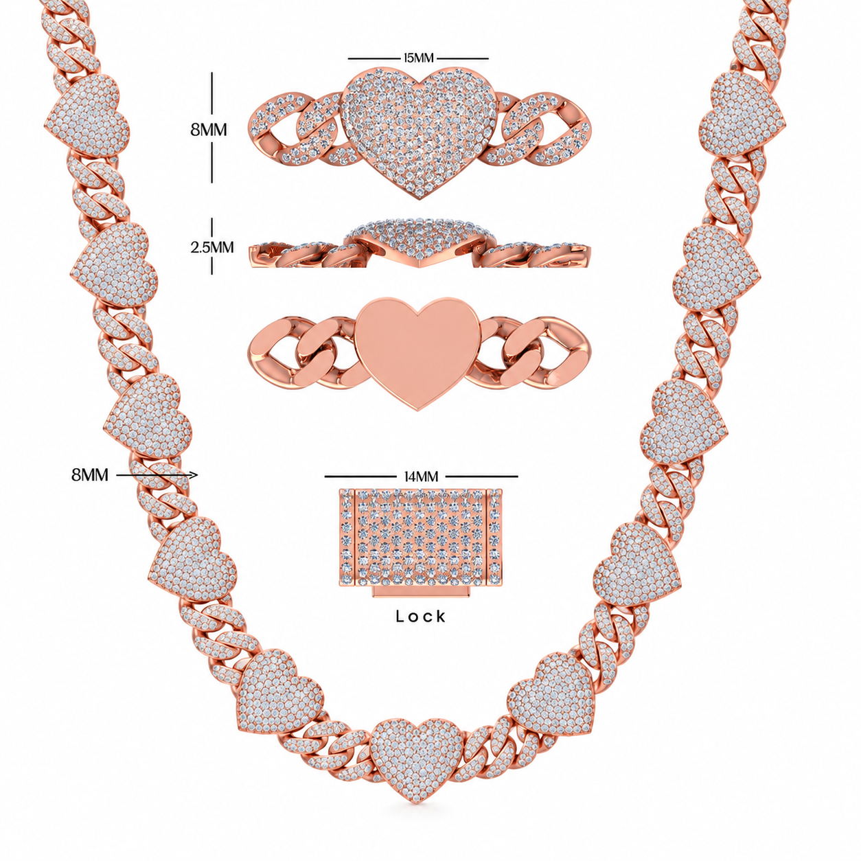 8MM Diamond Heart Link Chain Necklace