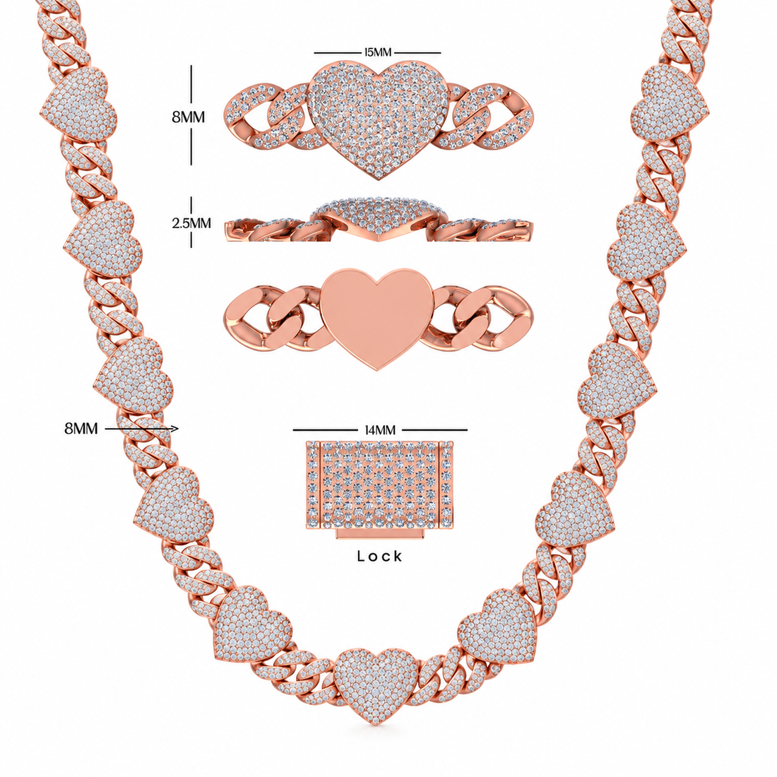8MM Diamond Heart Link Chain Necklace