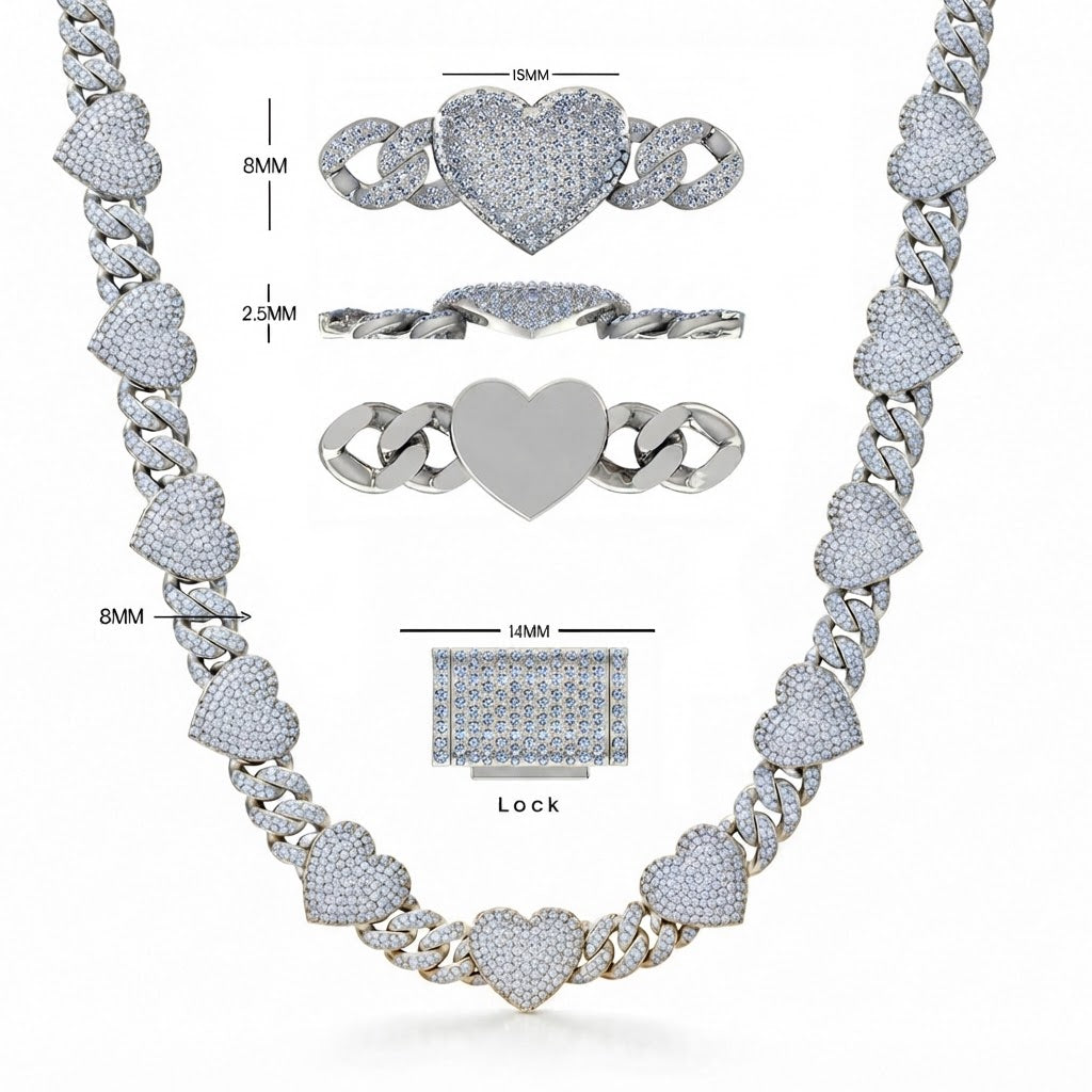 8MM Diamond Heart Link Chain Necklace