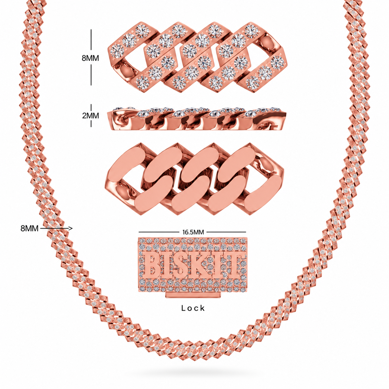 8mm Moissanite Diamond Biscuit Link Chain