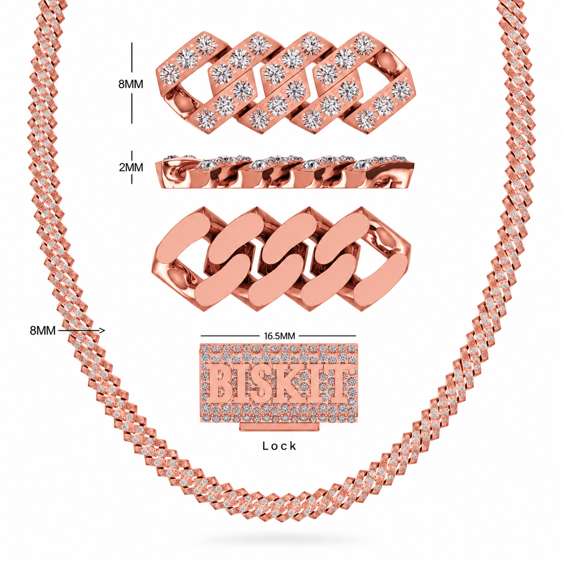 8mm Moissanite Diamond Biscuit Link Chain