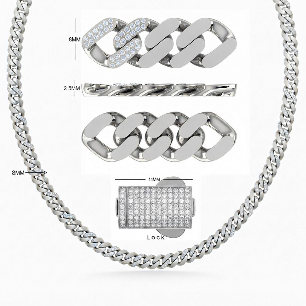 8mm Moissanite Diamond Half Iced Cuban Link Chain