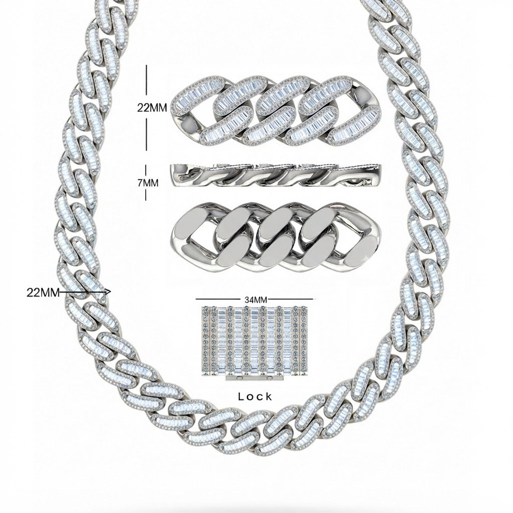 22MM Baguette Round Moissanite Diamond Iced Link Cuban Chain – 7MM Wide