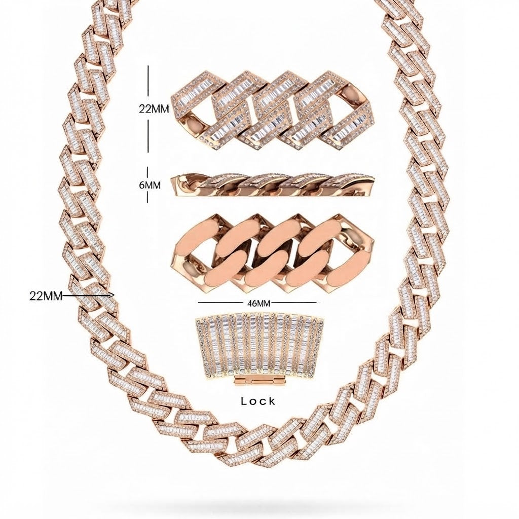 22MM Baguette Round Moissanite Diamond Iced Link Cuban Chain – 6MM Wide Rectangular Pattern