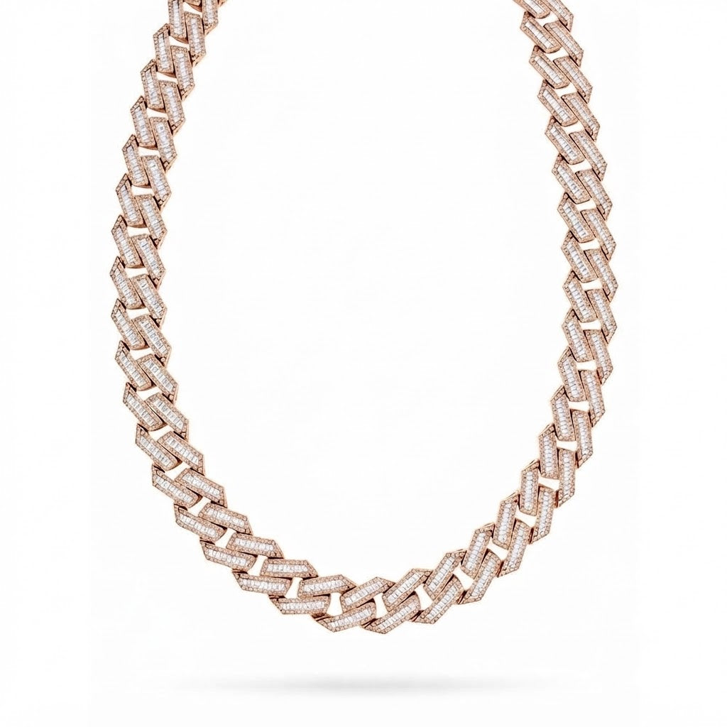 22MM Baguette Round Moissanite Diamond Iced Link Cuban Chain – 6MM Wide Rectangular Pattern