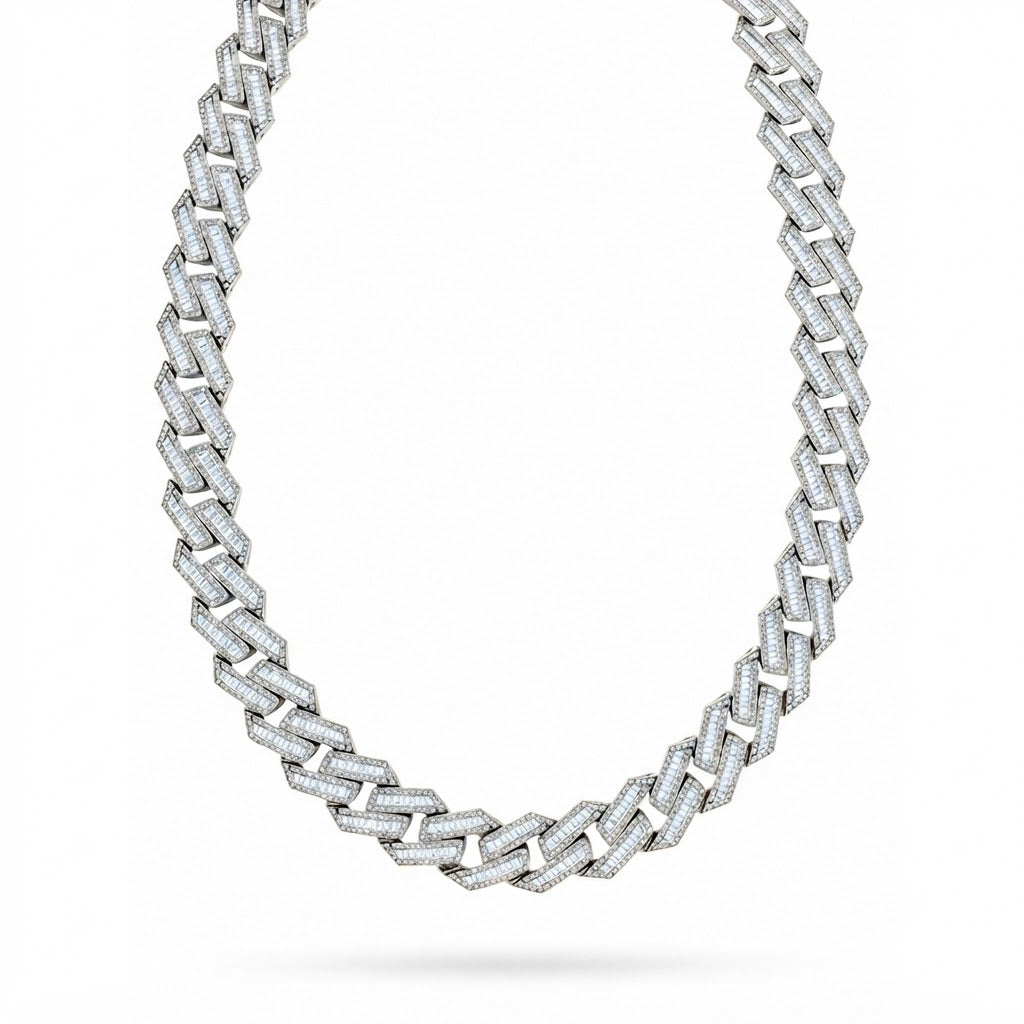 22MM Baguette Round Moissanite Diamond Iced Link Cuban Chain – 6MM Wide Rectangular Pattern