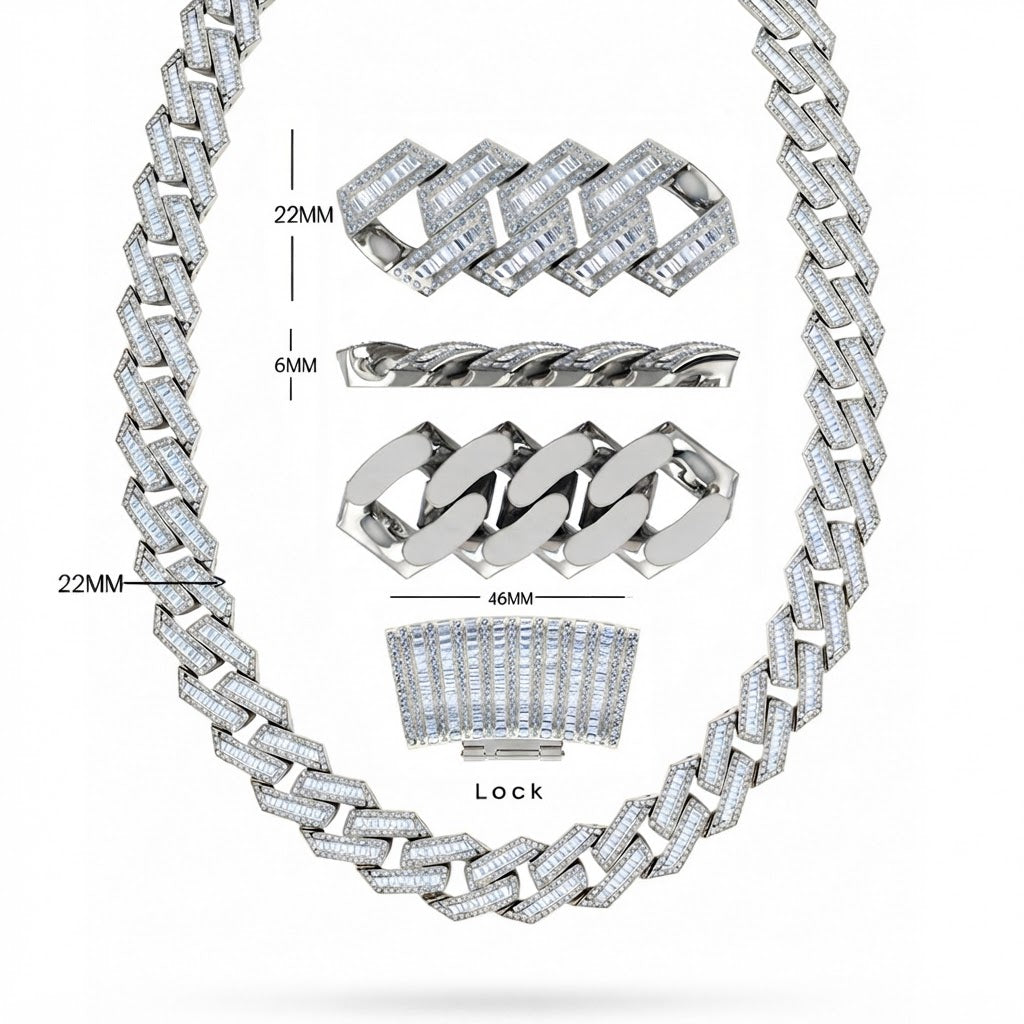 22MM Baguette Round Moissanite Diamond Iced Link Cuban Chain – 6MM Wide Rectangular Pattern