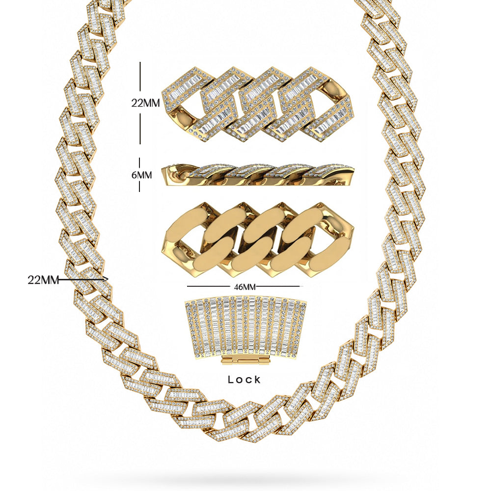 22MM Baguette Round Moissanite Diamond Iced Link Cuban Chain – 6MM Wide Rectangular Pattern