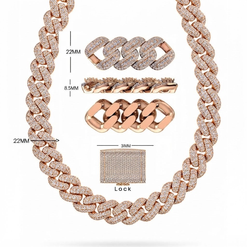 22MM Moissanite Diamond Three Row Iced Hip Hop Cuban Link Chain – 8.5MM Width