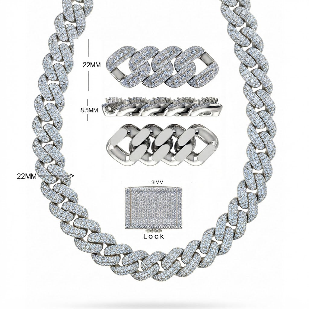 22MM Moissanite Diamond Three Row Iced Hip Hop Cuban Link Chain – 8.5MM Width