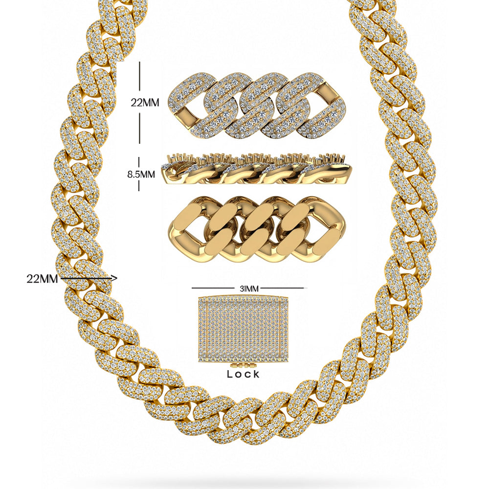 22MM Moissanite Diamond Three Row Iced Hip Hop Cuban Link Chain – 8.5MM Width