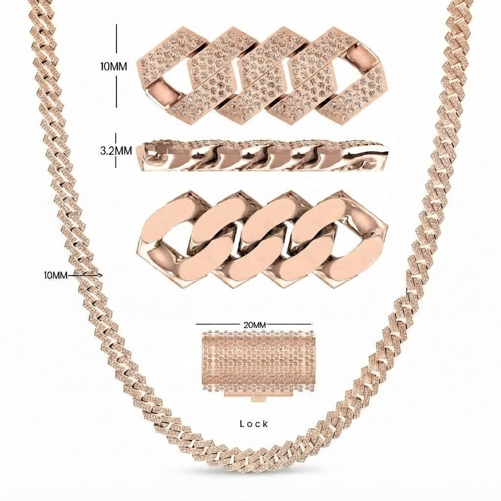 10mm Moissanite Diamond Fully Iced Three Row Pave Cuban Link Chain